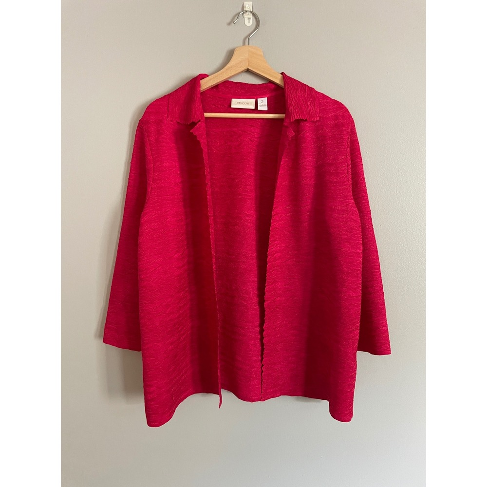 Chico's Open Front Cardigan Large Size 2 Pink Crinkle Texture Lightweight Top